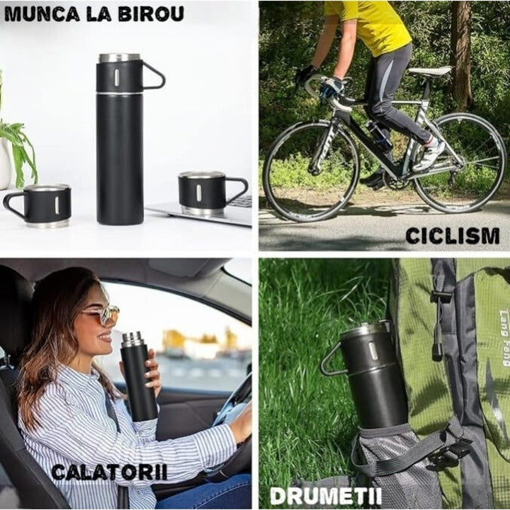 Set termos inox premium – cu 3 cești, negru, ambalaj elegant