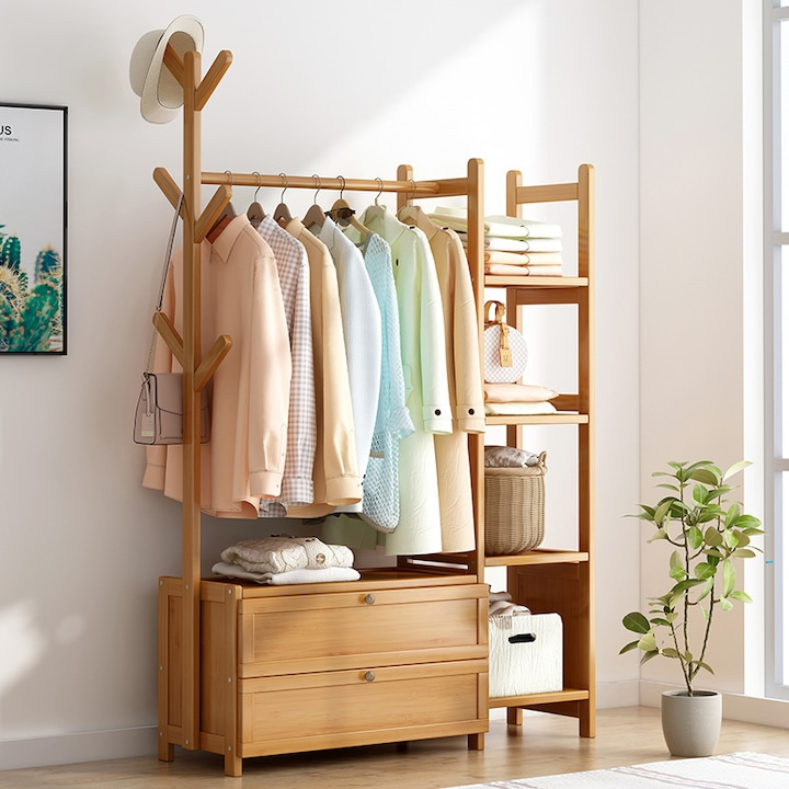 Suport haine bambus multifunctional cu rafturi si umerase 140x100x37 - Mobilier si organizare
