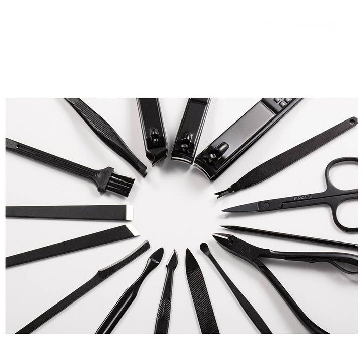 Trusă manichiură profesională 16 piese – oțel negru mat, carcasă piele eco