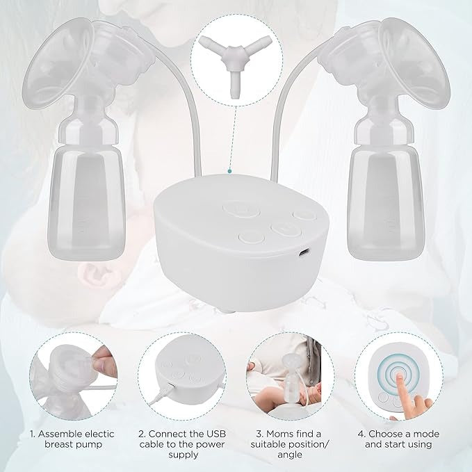 Pompă de Sân Electrică Dublă Portabilă Yumcute – 3 Moduri, 9 Niveluri, Anti-Reflux, Fără BPA, Albă