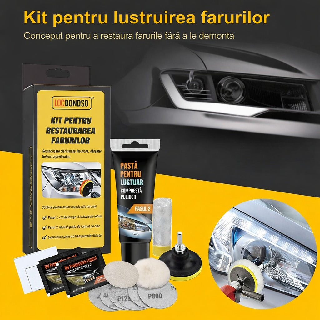 Kit polish faruri auto cu protectie UV - Set complet restaurare faruri ingalbenite - Auto si moto