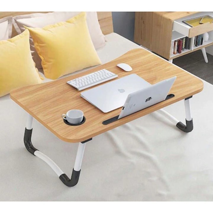 Masuta Laptop Pliabila Multifunctionala din Lemn cu Suport Pahar