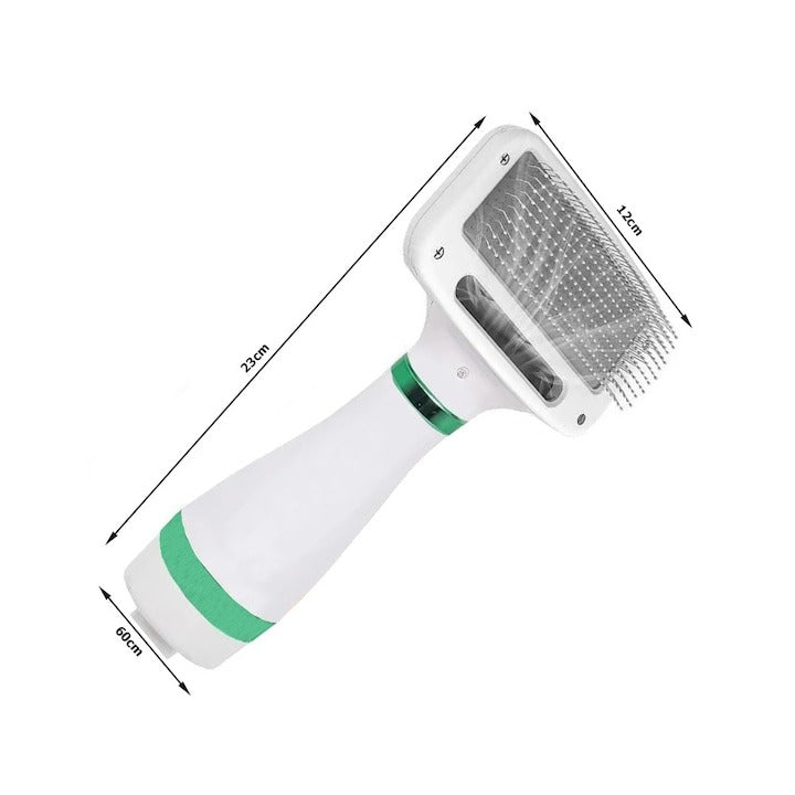 Perie animale 2 în 1 cu uscător – pentru câini/pisici, 3 moduri, zgomot redus, 300W, alb-verde