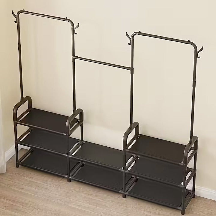 Suport Haine Suspendat Metalic cu Polita Pantofi si Carlige Laterale, 164x137x26 cm, Negru - Sport si timp liber