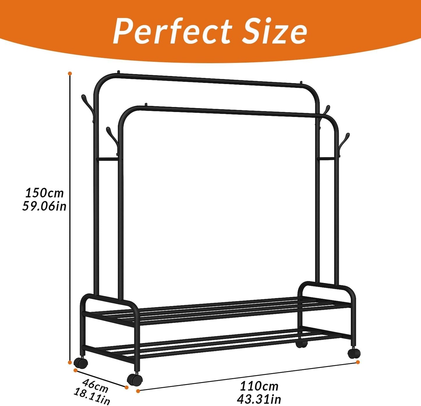 Suport Umerașe/Portant Haine Dublu cu Rafturi și Roți – Organizator Metalic 109×57×160 cm, Negru