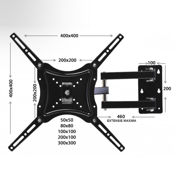 Suport TV de perete HDL-117B-2, cu doua brate, reglabil 14-55 Inch, maxim 30 Kg, Negru