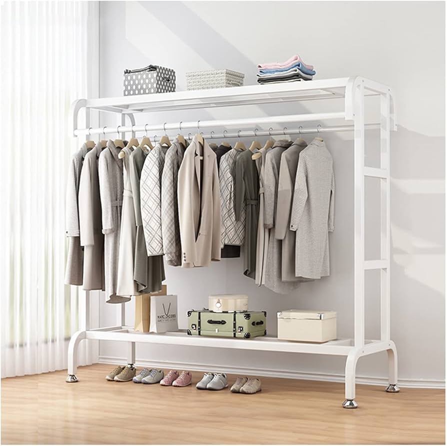 Portant Haine Dublu Metalic cu Raft Superior & Inferior - Suport Umerase Robust, Negru, 145 cm - Mobilier si organizare