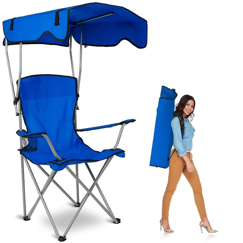 Scaun plaja pliabil albastru cu copertina UPF50 suport pahar 150kg camping gradina portabil - Sport si timp liber