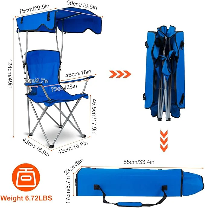 Scaun plaja pliabil albastru cu copertina UPF50 suport pahar 150kg camping gradina portabil - Sport si timp liber