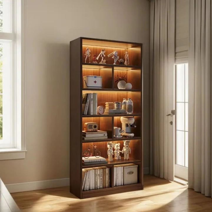 Biblioteca 6 rafturi deschise 180x60 cm stejar negru moderna - Iluminat