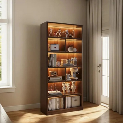 Biblioteca 6 rafturi deschise 180x60 cm stejar negru moderna - Iluminat