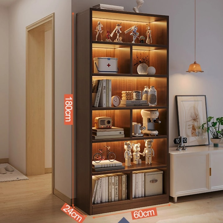 Biblioteca 6 rafturi deschise 180x60 cm stejar negru moderna - Iluminat