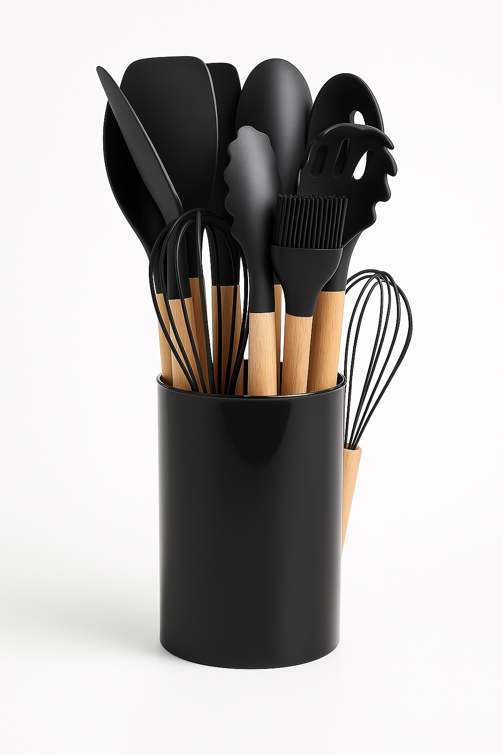 Set 12 Ustensile de Bucătărie din Silicon și Lemn, cu Suport Inoxidabil