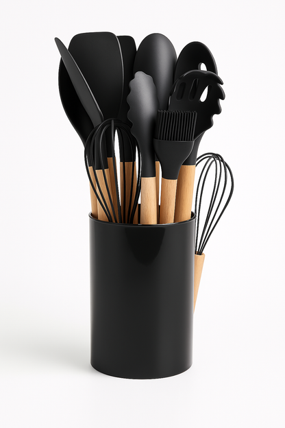 Set 12 Ustensile de Bucătărie din Silicon și Lemn, cu Suport Inoxidabil