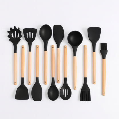 Set 12 Ustensile de Bucătărie din Silicon și Lemn, cu Suport Inoxidabil