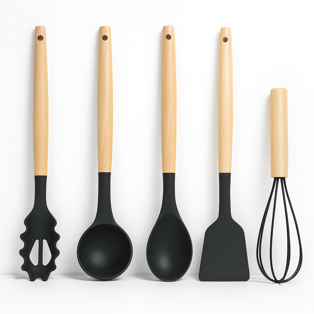 Set 12 Ustensile de Bucătărie din Silicon și Lemn, cu Suport Inoxidabil