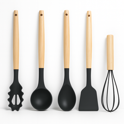 Set 12 Ustensile de Bucătărie din Silicon și Lemn, cu Suport Inoxidabil
