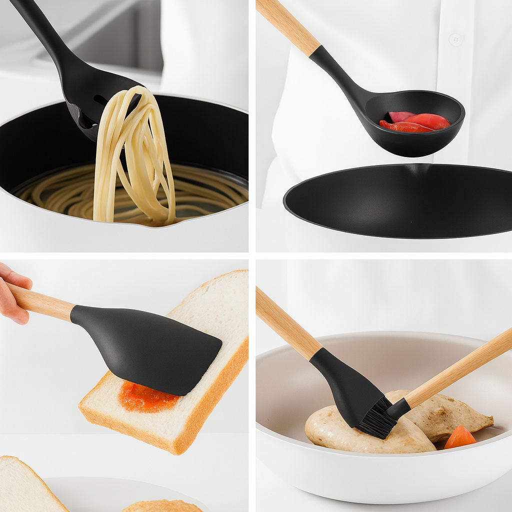 Set 12 Ustensile de Bucătărie din Silicon și Lemn, cu Suport Inoxidabil