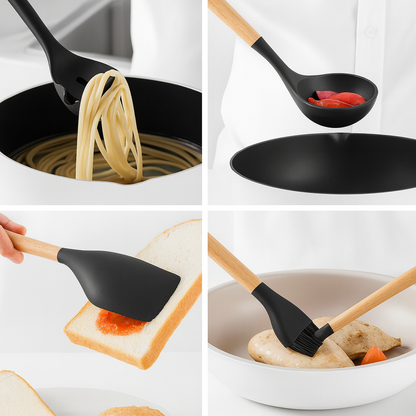 Set 12 Ustensile de Bucătărie din Silicon și Lemn, cu Suport Inoxidabil