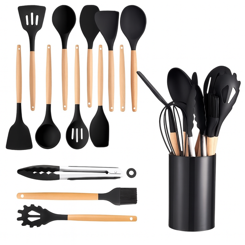 Set 12 Ustensile de Bucătărie din Silicon și Lemn, cu Suport Inoxidabil - Produse Auto, Casă & Grădină - OkDeals.ro