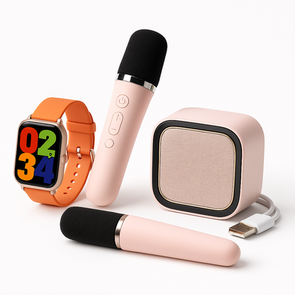 Set Smart 7 în 1 K12 – Smartwatch AMOLED, boxă Bluetooth, microfon karaoke & accesorii cadou
