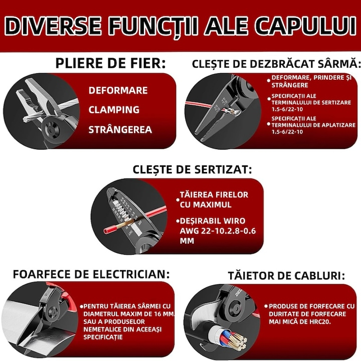 Cleste multifunctional 5 in 1 electrician taiere cabluri sertizare profesional - Sport si timp liber