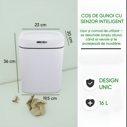 Coș de gunoi automat cu senzor 16L, capac anti-miros, alb-gri