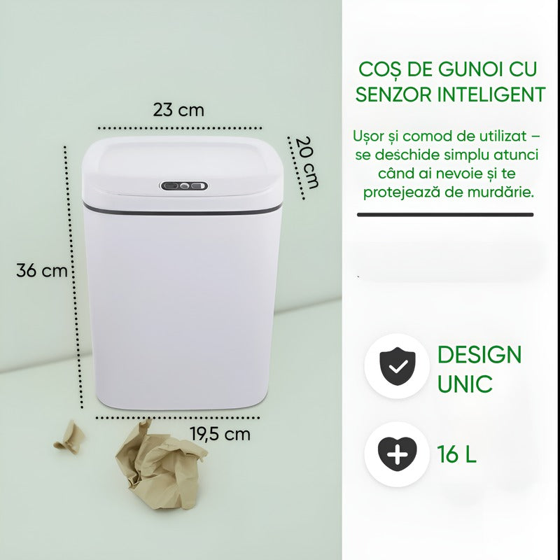 Cos gunoi automat cu senzor 16L capac anti miros alb gri - Bucatarie si electrocasnice