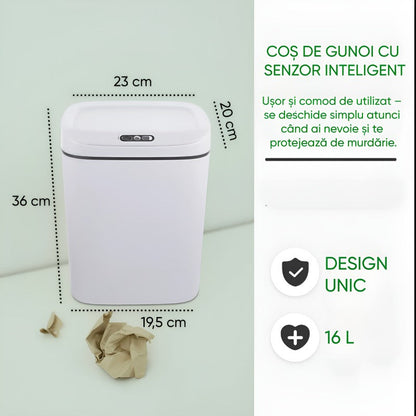 Cos gunoi automat cu senzor 16L capac anti miros alb gri - Bucatarie si electrocasnice