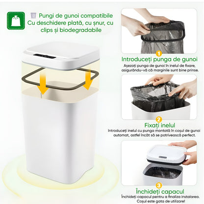 Coș de gunoi automat cu senzor 16L, capac anti-miros, alb-gri