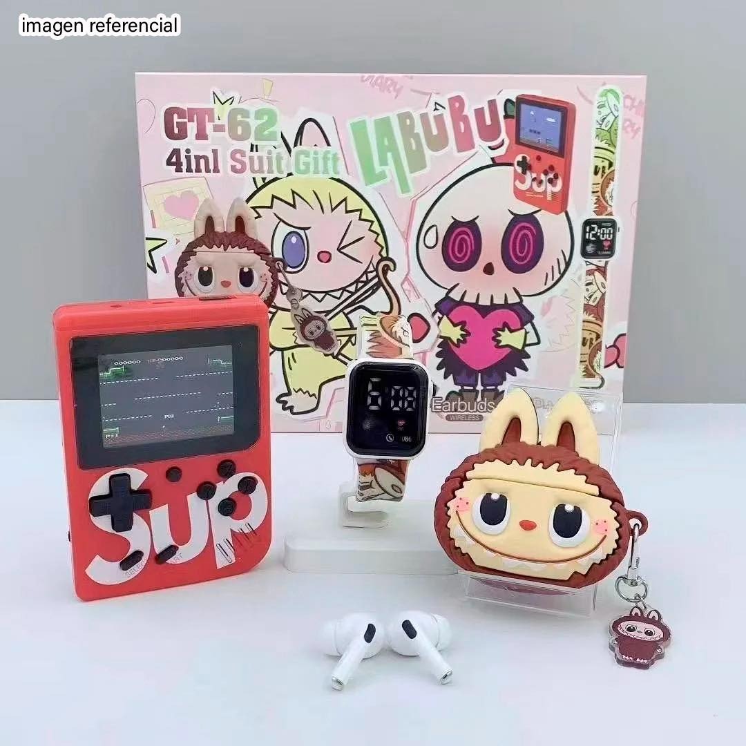 Combo "LABUBU" Copii Mini Consolă Portabilă + Smartwatch Bluetooth + Căști Wireless Airpods – Distracție, Muzică și Jocuri Oriunde