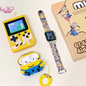 Combo "MINIONS" Copii Mini Consola Portabila + Smartwatch Bluetooth + Casti Wireless Airpods - Distractie, Muzica si Jocuri