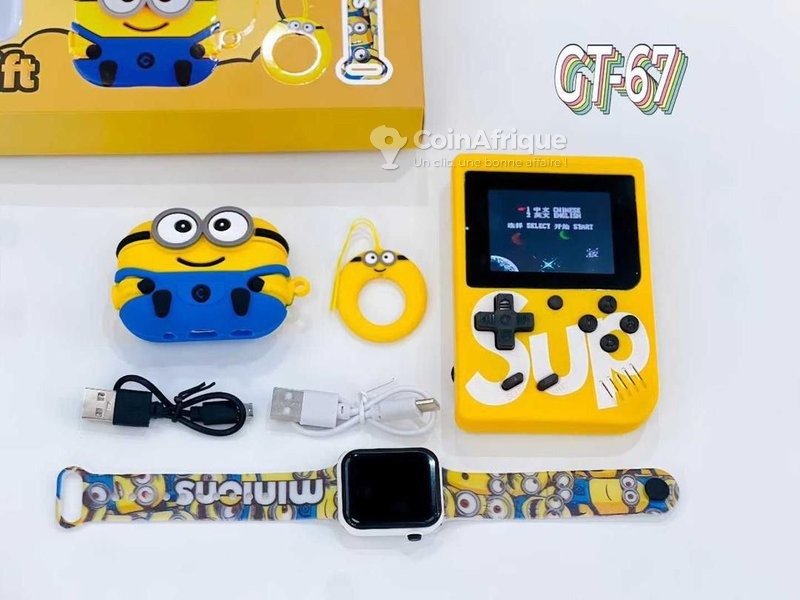 Combo "MINIONS" Copii Mini Consola Portabila + Smartwatch Bluetooth + Casti Wireless Airpods - Distractie, Muzica si Jocuri