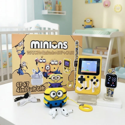 Combo "MINIONS" Copii Mini Consola Portabila + Smartwatch Bluetooth + Casti Wireless Airpods - Distractie, Muzica si Jocuri