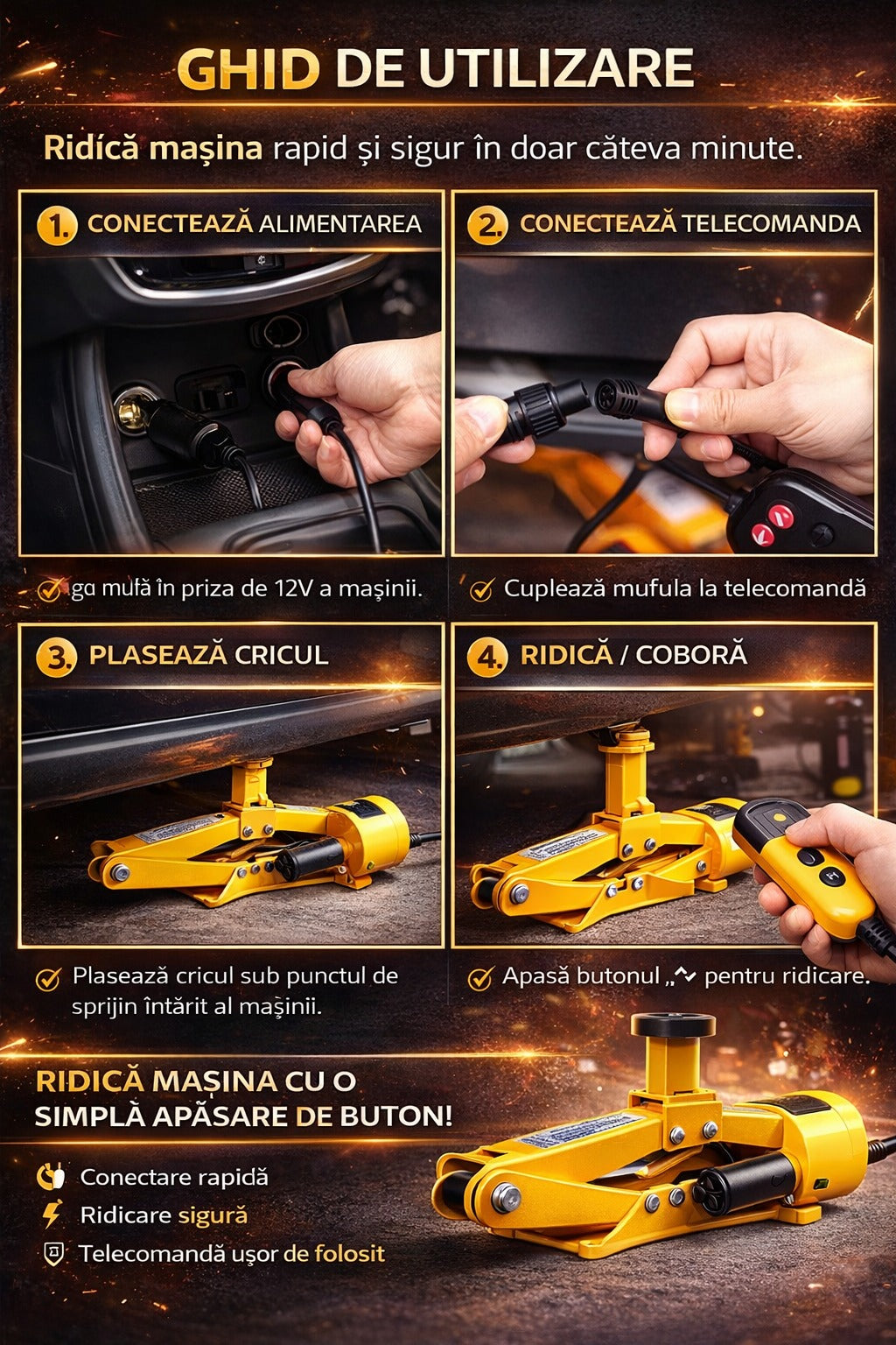 Cric auto electric 3 tone 12V kit complet cu dispozitiv impact - Auto si moto