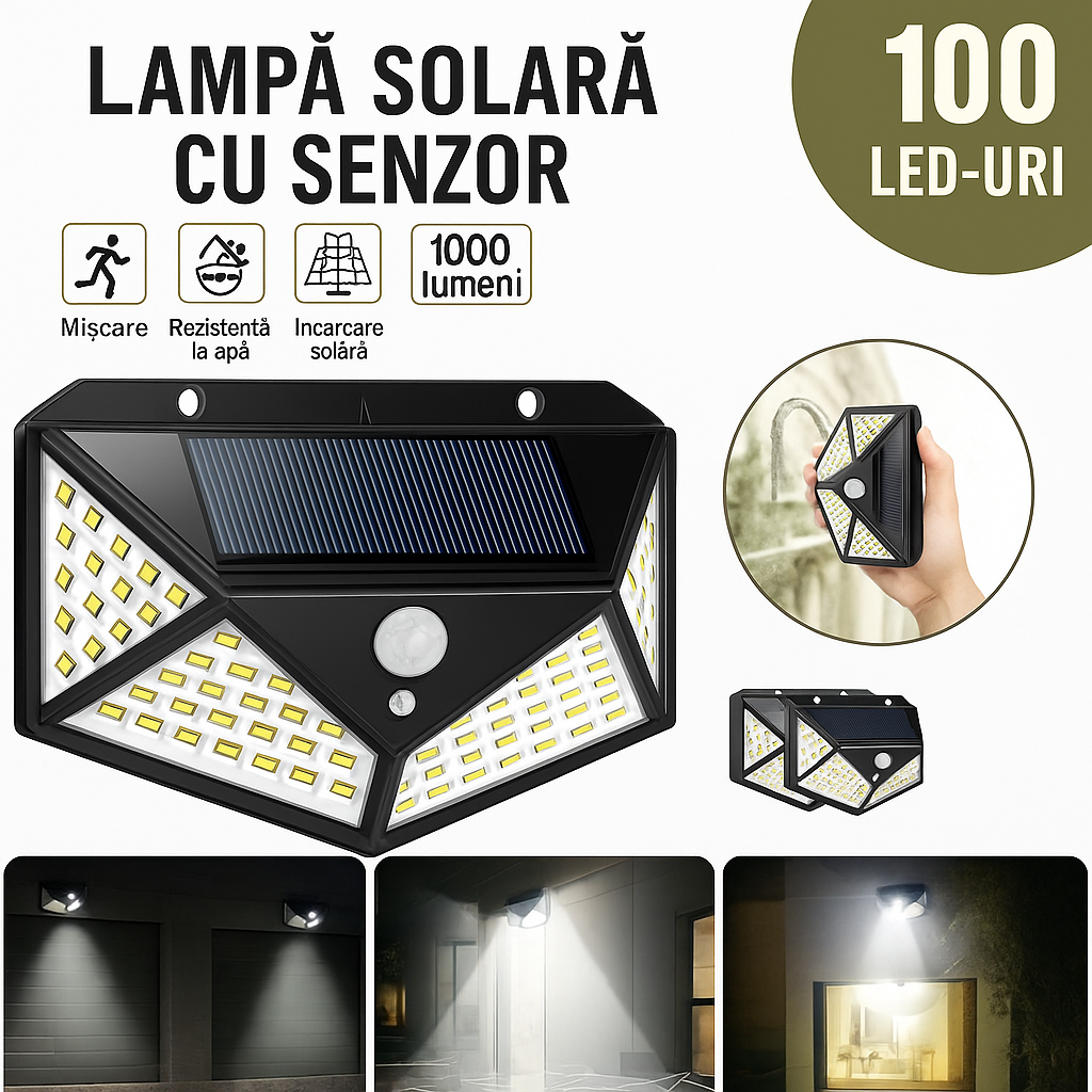 Set 10 lampi solare 100 LED senzor miscare exterior 600LM - Iluminat