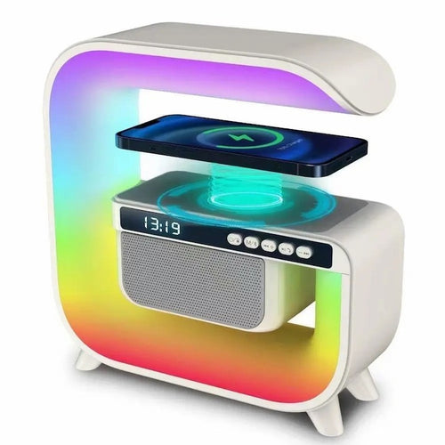 Lampă Smart LED RGB 5 în 1 – boxă Bluetooth, încărcare wireless, ceas alarmă, 256 jocuri lumini, aplicație mobilă, alb - Produse Auto, Casă & Grădină - OkDeals.ro