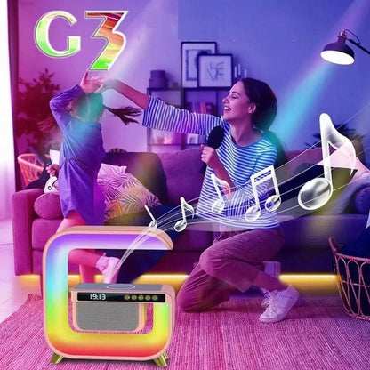 Lampă Smart LED RGB 5 în 1 – boxă Bluetooth, încărcare wireless, ceas alarmă, 256 jocuri lumini, aplicație mobilă, alb
