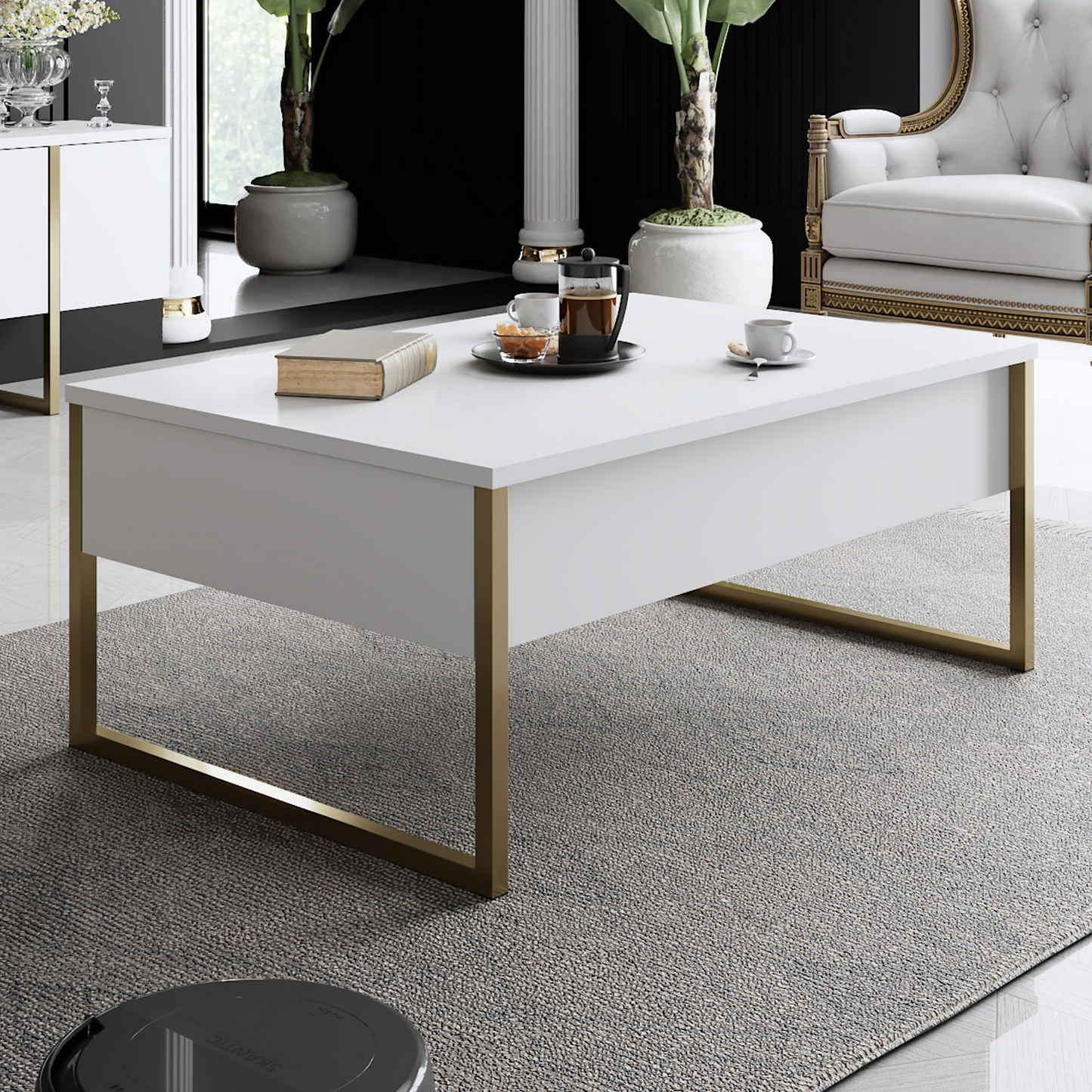 Masuta living cafea moderna alba aurie 90x60x40 cm MDF metal - Bucatarie si electrocasnice