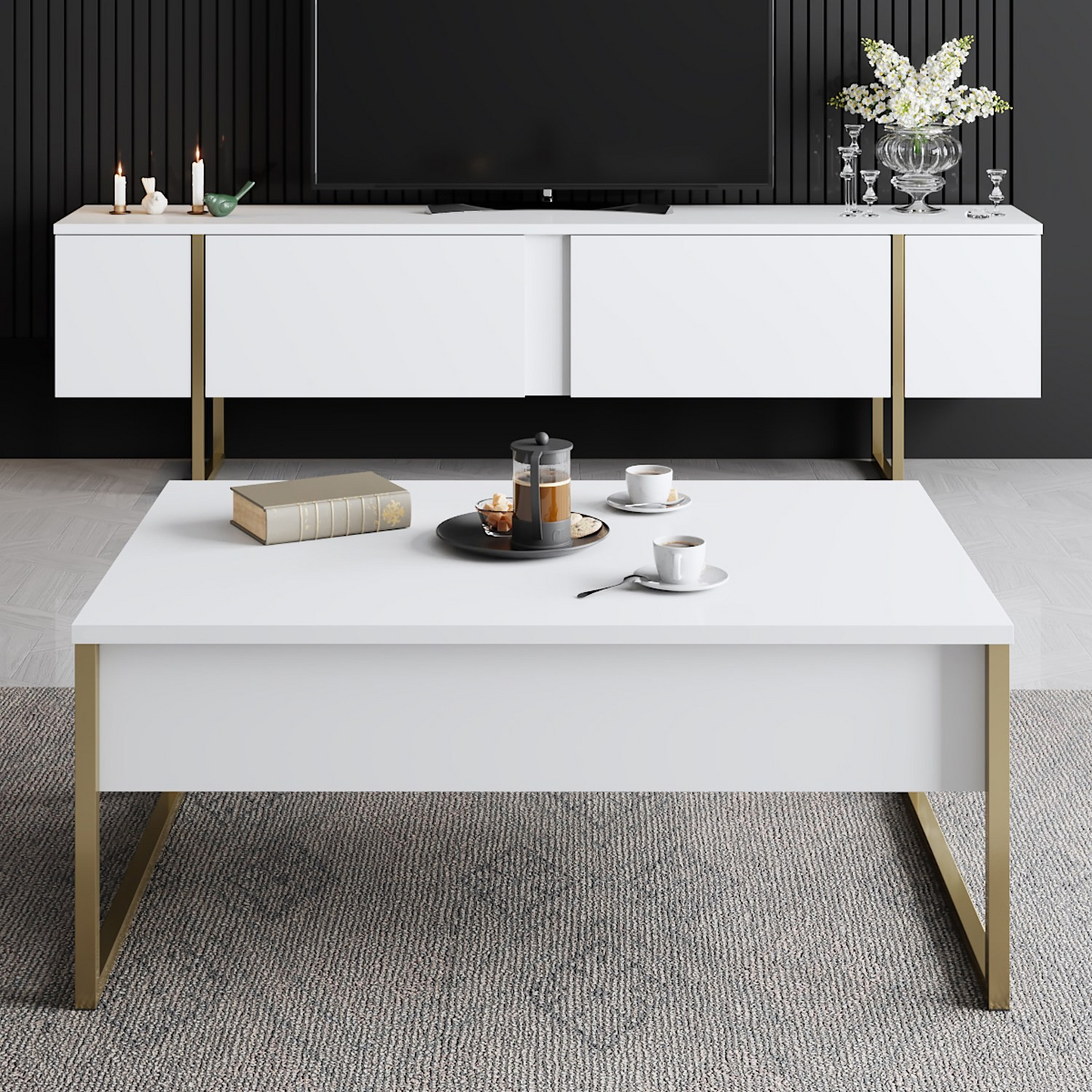 Masuta living cafea moderna alba aurie 90x60x40 cm MDF metal - Bucatarie si electrocasnice