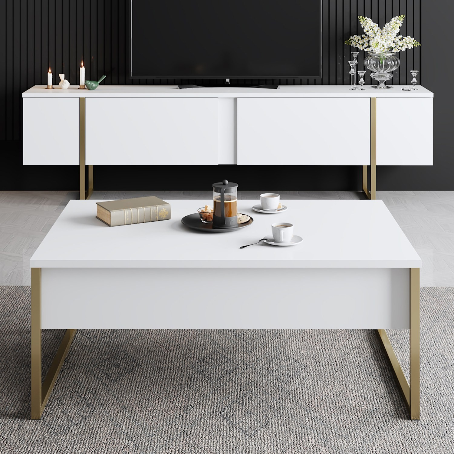 Masuta living cafea moderna alba aurie 90x60x40 cm MDF metal - Bucatarie si electrocasnice