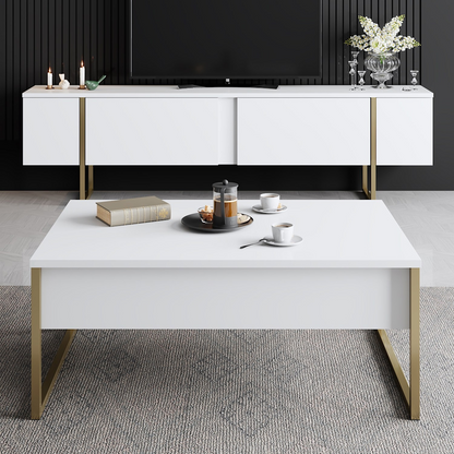 Masuta living cafea moderna alba aurie 90x60x40 cm MDF metal - Bucatarie si electrocasnice