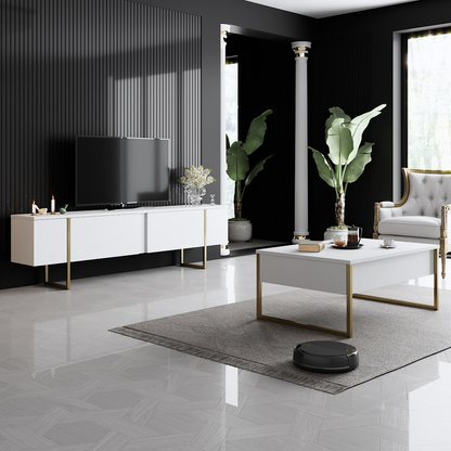 Masuta living cafea moderna alba aurie 90x60x40 cm MDF metal - Bucatarie si electrocasnice