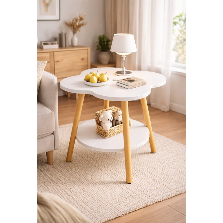 Masuta cafea multifunctionala cu raft blat alb lemn 60x40x48 cm - Copii si bebelusi