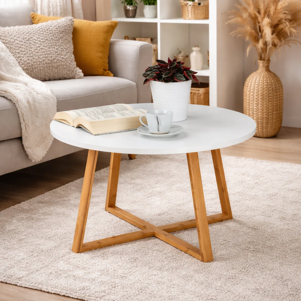 Masuta cafea rotunda 60 cm MDF picioare bambus moderna - Bucatarie si electrocasnice