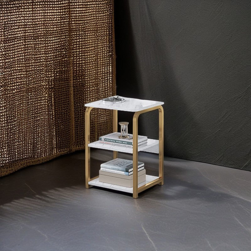 Masuta laterala moderna nordica 3 niveluri alb auriu 62x40x30 cm - Bucatarie si electrocasnice