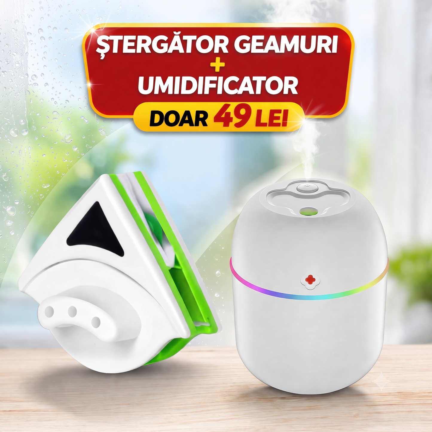 Pachet stergator geamuri + umidificator oferta 49 lei curatenie si aer proaspat