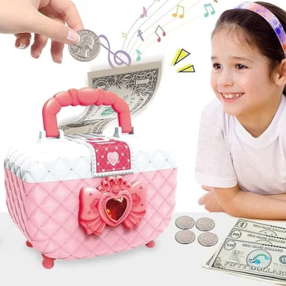 Pușculiță fetițe tip cutie machiaj – rulare automată bani, cod PIN, roz