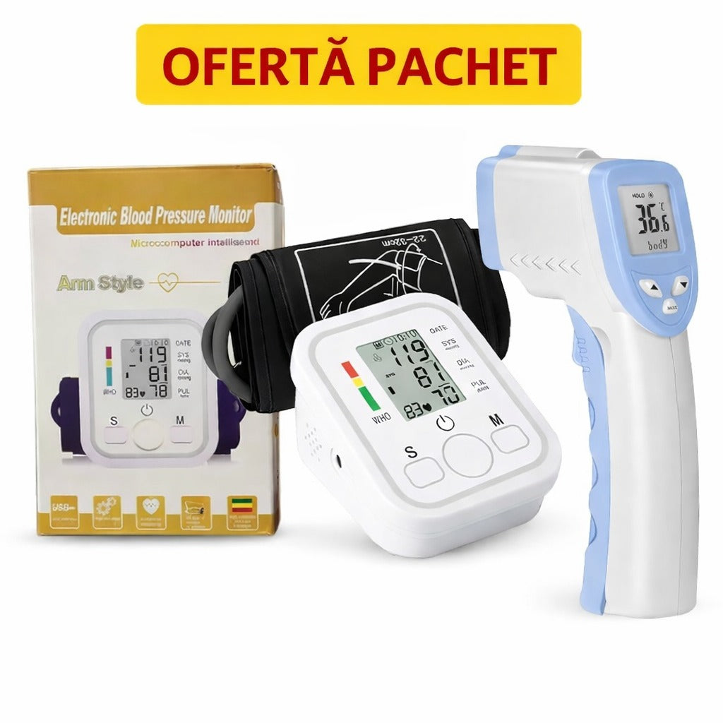 Set Tensiometru Electronic + Termometru Infraroșu Non-Contact – Monitorizare completă acasă