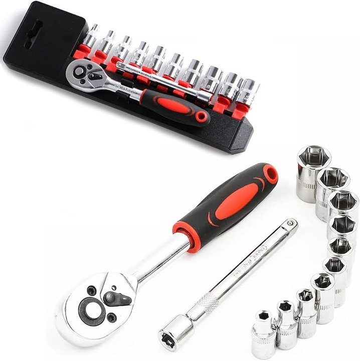Set chei tubulare 1/2 cu clichet 10-24mm Cr-V 12 piese trusa profesionala - Auto si moto
